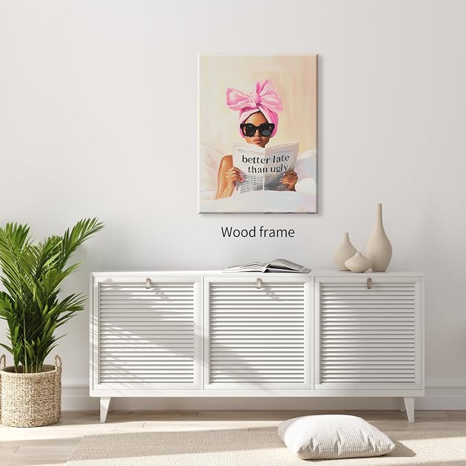 Better Late Than Ugly Canvas Wall Art Feminist Newspaper Quotes Poster Trendy Preppy Girly Aesthetic Prints 08x10 inch Framed for Bathroom Home Bedroom Wall Decor