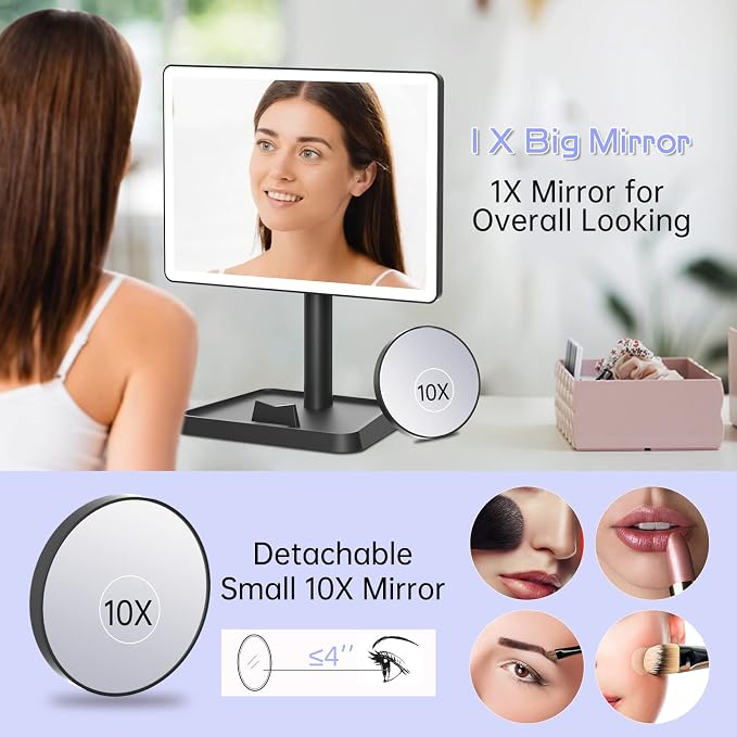 FUNTOUCH 4500mAh Large Makeup Vanity Mirror with Lights & 96 LED,Black | Rechargeable Lighted Makeup Mirror with 10x Magnifying Mirror,3 Color Lighting 360°Rotation Touch Dimmable with Phone Holder