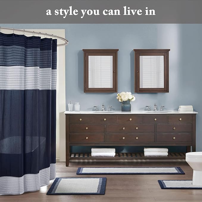 Madison Park Bathroom Shower Curtain, 72 x 84 Extra Long, Faux Silk, Black | Modern Classic, Light Sheen, Pieced, Striped, Microfiber, Machine Washable, OEKO-TEX Certified, Amherst