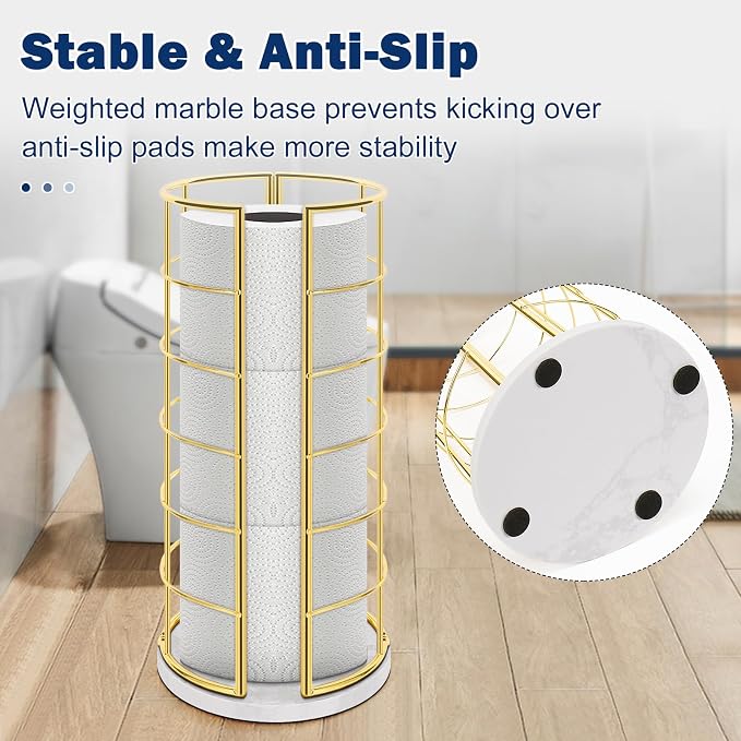NearMoon Toilet Paper Organizer Stand, Free Standing 3 Rolls Tissue Storage, Metal Bathroom Accessory, Rustproof Toilet Roll Holder for Kitchen Countertop Inside Cabinet Shelf(Marble Base,Gold)