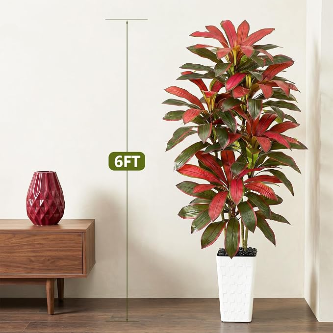 Artificial Red Dracaena Tree Indoor, 6FT Tall Fake Floor Plants with White Planter & Pebbles, Faux Silk Yucca Tree for Home Office Living Room Bedroom Farmhouse Modern Outdoor Topiary Tree