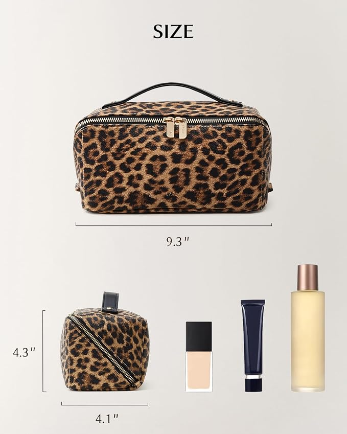 EACHY Travel Makeup Bag for Women, Flat Open Leopard Print Cosmetic Bag | Leopard-print PU leather cosmetic bag opens flat with dividers and clear TPU brush pocket for makeup and travel essentials