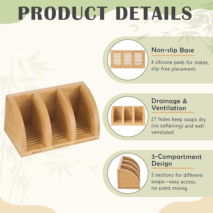 Bamboo Shampoo Bar Holder Multi Bar Soap Dish with Self Draining, 3 Slot, Natural Soap Holder for Shower Conditioner Bathroom Organizer, Keep Dry, 6.3 x 3.3 x 3.1 Inch