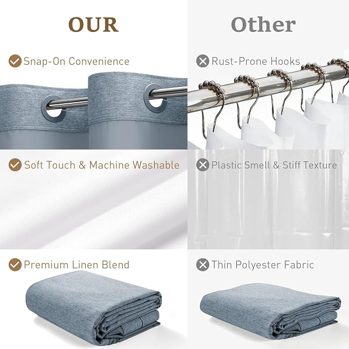 72x87 Ringless Linen Textured Shower Curtain with Snap in Liner, Blue | Extra Long Size, 3 in 1 Durable Fabric Shower Curtain, Removable Liner, Waterproof & Washable, Mesh Top Window, Easy Setup