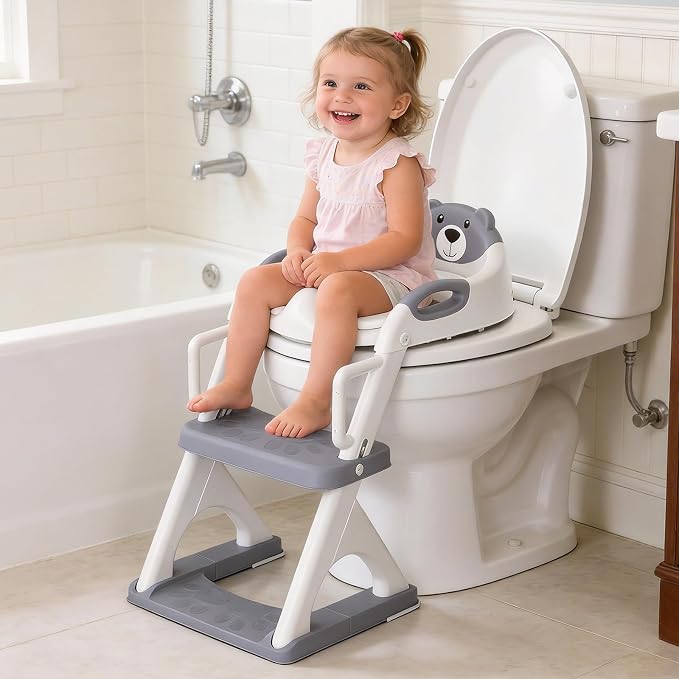 Potty Training Toilet for Toddlers, 2-in-1 Potty Training seat, Anti-Slip | SKYROKU, Fits Round & Elongated Toilets, 6 Heights, Splash Guard, Foldable, Holds 200+ lbs, Step Stool, Dishwasher Cushion
