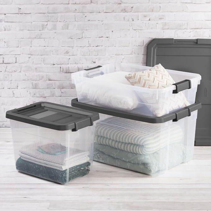 Sterilite 18-Pack Modular Stacker Box, Durable Clear Plastic Storage Bins with Latching Lids, 16 Quart - Stackable Organizing Container Boxes for Closet, Bathroom, and Office