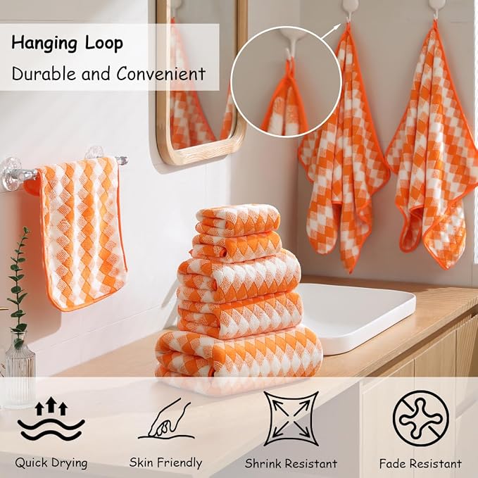 12 Pcs Orange White Diamond Towel Set-4 Bath Towels,4 Hand Towels,4 Washcloths Soft Polyester Towels with Loop Absorbent Shower Towel Quick Dry Beach Chair Towel Family Towels for Bathroom Gym Pool