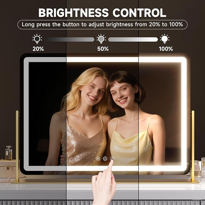 Hasipu Extra Large LED Vanity Mirror 25" x21” - Makeup Mirror with 10X Magnification, Phone Holder, USB Charging & Smart Touch 3-Color Lighting (Gold)