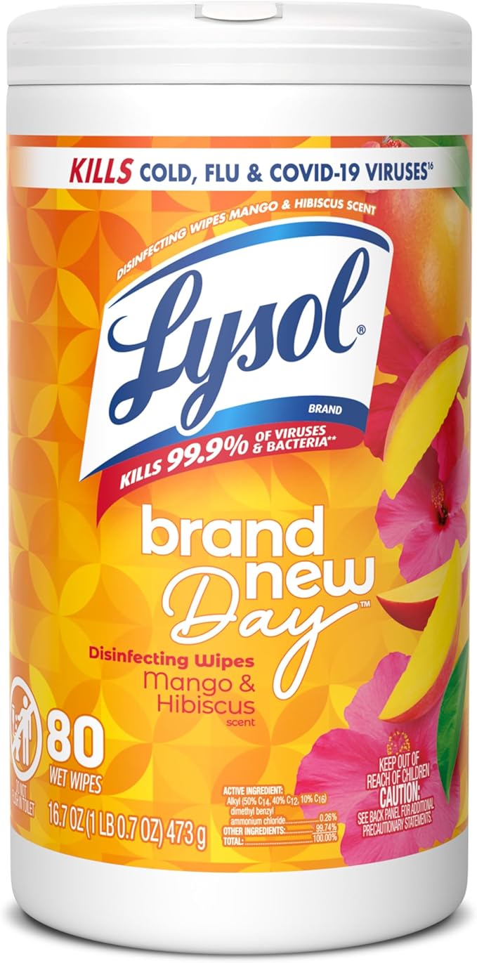 Lysol Disinfecting Wipes, Multi-Surface Cleaner, Mango, 80 ct. | All Purpose Cleaner, Sanitizing, Deodorizing, Apartment Essentials, Back To School Cleaning Supplies, Kitchen & Bathroom Wipe