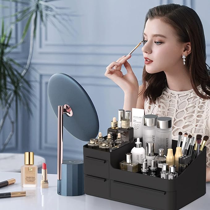 Makeup Organizer for Vanity, Bathroom Countertop Storage Display Boxes Case,Stackable Cosmetic Holder for Jewelry Hair Accessories Beauty Skincare Product Organizing with drawer organizer tray, Black | Skincare Perfume Vologne Organizer with Drawers fo...