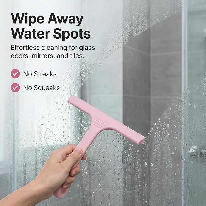 Silicone Shower Squeegee - All-in-One Design with Built-in Hook, 10 Inch Streak-Free Bathroom and car Cleaner for Glass Doors, Mirrors, Windows, Tiles Pink