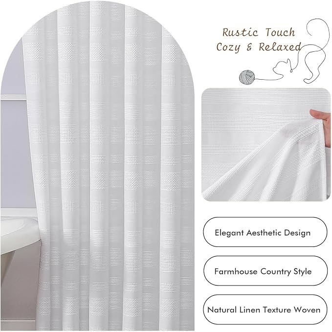 Extra Long White Shower Curtain 96 Inch Long, Boho Chic Textured Soft Fabric Heavy Duty Cloth Bathroom Shower Curtain with Tassel, Tall Farmhouse Luxury Bath Decor, 72Wx96L Inches