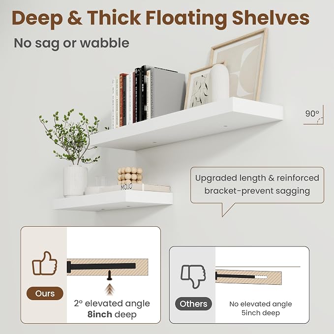 36 Inch Floating shelves for Wall, 8 Inch Deep, Invisible Brackets, White | Rustic Wall Mounted Shelf, Storage & Display, Wooden Shelves for Living Room, Kitchen, Bathroom and Home Decor, Set of 2