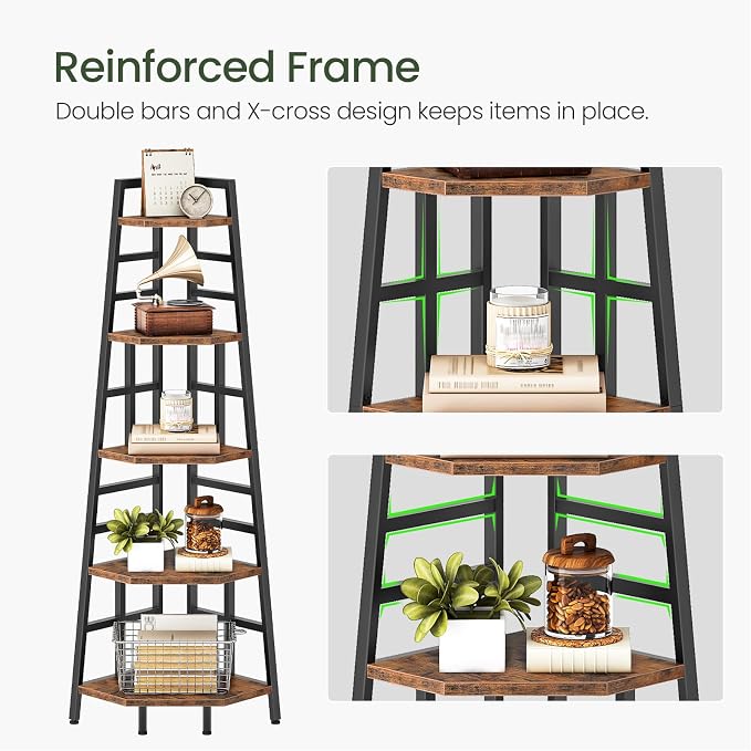 70.1-Inch 5-Tier Tall Corner Shelf, Narrow Bookshelf for Small Spaces, Industrial Bookcase Display Stand for Living Room, Bedroom, Office, Rustic Brown TCJ25BF