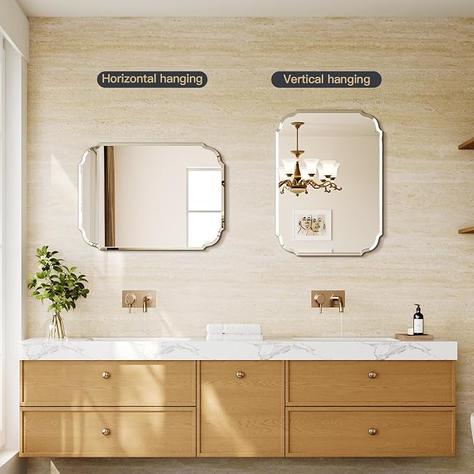 Beveled Frameless Bathroom Mirror with Scalloped Edges, 24" x 32" Rectangle Beveled Mirrors, Vanity Bathroom Mirror for Over Sink, Fireplace, Entryway, Restroom