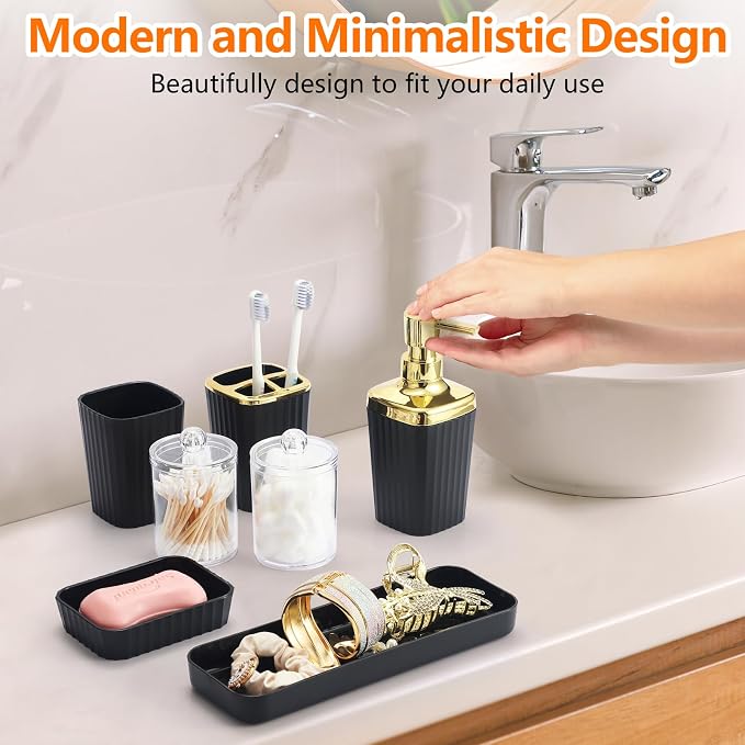 23 PCS Black Bathroom Accessories Set丨Shower Curtain Bathroom Accessory | All-in-One Kit with Shower Curtain,Trash Can,Toothbrush Holder,Toilet BrushSoap Dispenser,Toothbrush Cup,etc for Home