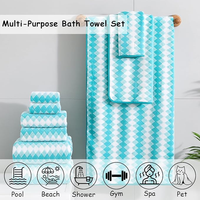 12 Pcs Aqua White Diamond Towel Set-4 Bath Towels,4 Hand Towels,4 Washcloths Soft Polyester Towels with Loop Absorbent Shower Towel Quick Dry Beach Chair Towel Family Towels for Bathroom Spa Gym Pool