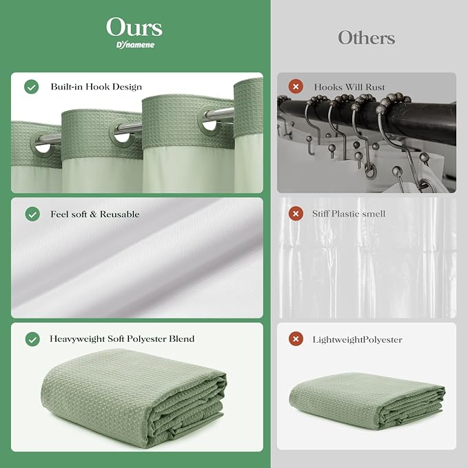 Sage Green Hook Free Waffle Shower Curtain & Snap-in Liner,54x81 | Less Time to install, 3 in 1 Fabric Shower Curtain and Liner Set with Magnets, Stall, Long, Shower Curtains for Bathroom