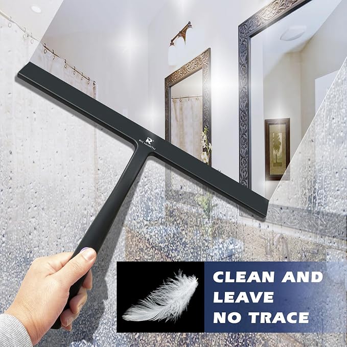 Squeegee for Shower Door 14 Inch Wide Blade, 11 Inch Short Handle One-Piece Silicone with Stainless Steel Core, Non-Slip Grip Window Squeegee for Bathroom Mirror Car Windshield, Aluminum Hook (Black)