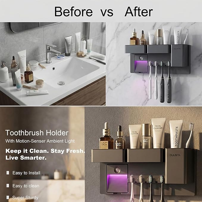 Toothbrush Holders for Bathrooms Toothbrush Holders Wall Mounted with Magnetic Night Light-4 Toothbrush Slots, 3 Independent Storage Compartments Bathroom Decor All-in-One Organizers Accessories White