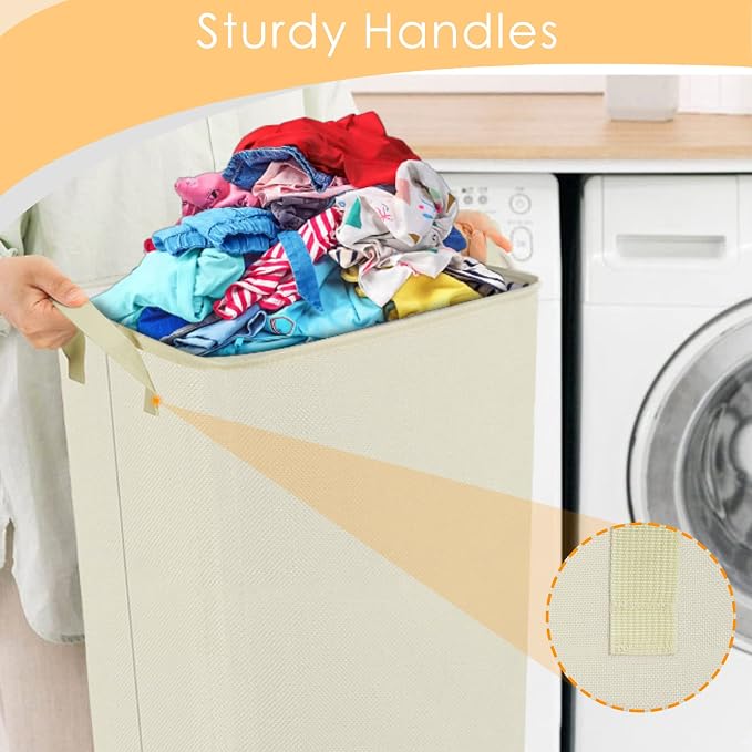 Large Laundry Basket, 80L Collapsible Tall Hamper with Handle Beige | Dirty Clothes Hamper for Bedroom, Rectangular Sturdy Laundry Basket for College, Dorm, Towels, Toys