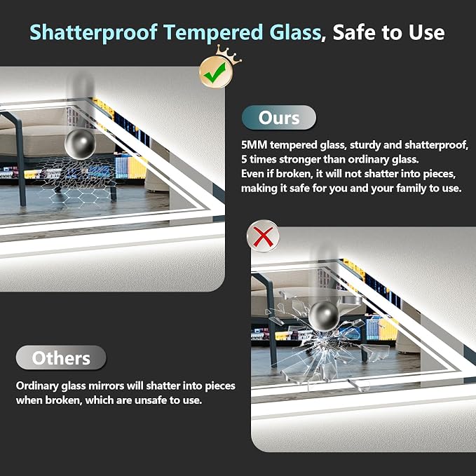 28x32 LED Bathroom Mirror, Backlit & Front Lit Lighted Mirror | Anti-Fog Vanity Mirror with Lights, 3 Color Dimmable, Memory, HD Tempered Glass, CRI95, IP54, UL Listed, Horizontal/Vertical