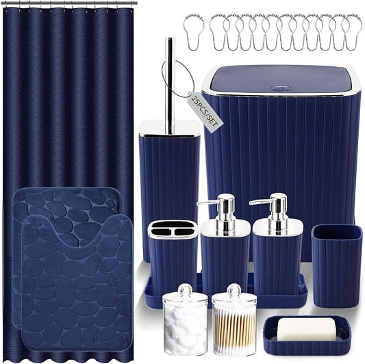 XLHOMO Bathroom Set with Shower Curtain and Rugs- 25PC Bathroom Accessory Set, Navy Blue Shower Curtain Set, Toilet Brush, Trash Can, Qtip Holder & Soap Dispenser