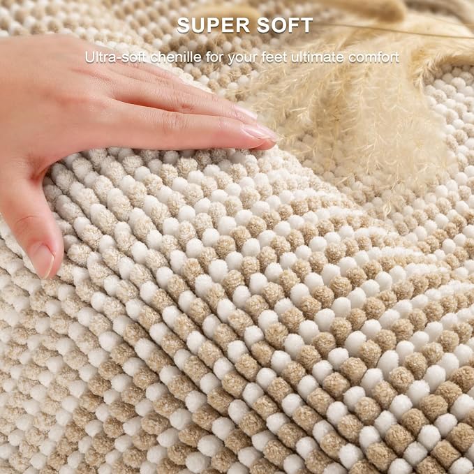 Bathroom Rugs and Mats Sets, 2 Piece Thick Absorbent Chenille Bath Mat Rug Set Non Slip, Soft Shaggy Bath Room Floor Mats for Bathroom, Machine Washable (Beige, 20" x 47" Plus 20" x 32")