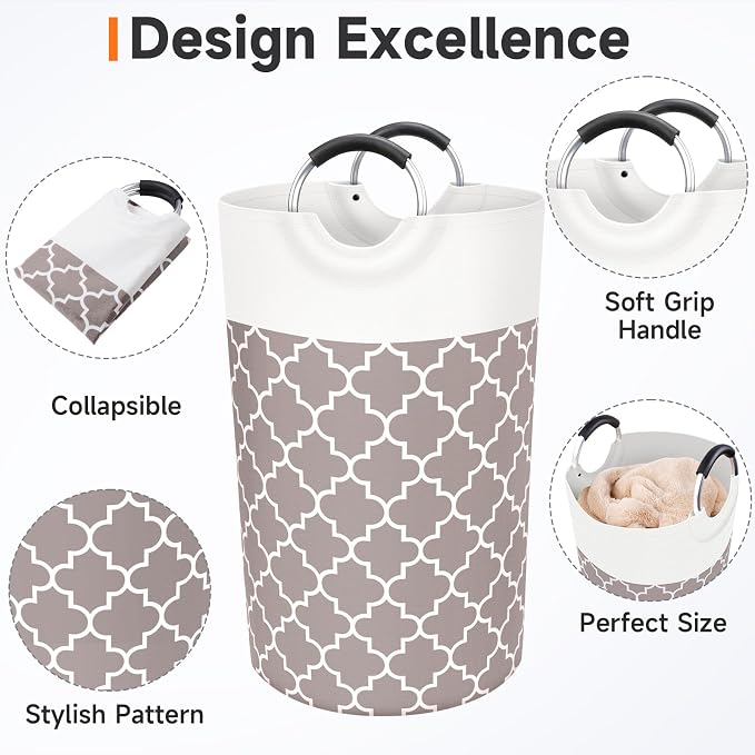 Large Laundry Basket, 82L Tall Collapsible Hamper with Handles, Khaki | Freestanding Laundry Hamper, Waterproof Dirty Clothes Storage Bag for College, Bathroom, Foldable Washing Bin for Travel