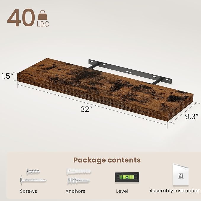 Vivelove Floating Shelves 9 inch Deep 32”Long Set of 2, Rustic Brown | Easy Install With Hardware, 1.5" Thick, Invisible Brackets, Wall Mounted, No Sagging, For Any Room