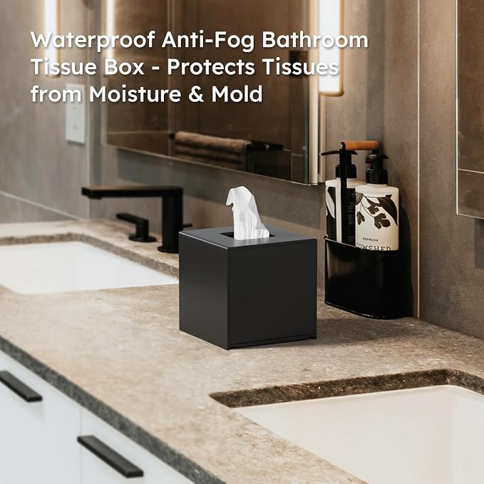 FEMELI Matte Black Tissue Boxs Covers Holder Square Acrylic for Bathroom | Acrylic Black Matte Tissue Box Cover Modern Decorative Facial Paper Dispenser for Bathroom Bedroom Kitchen