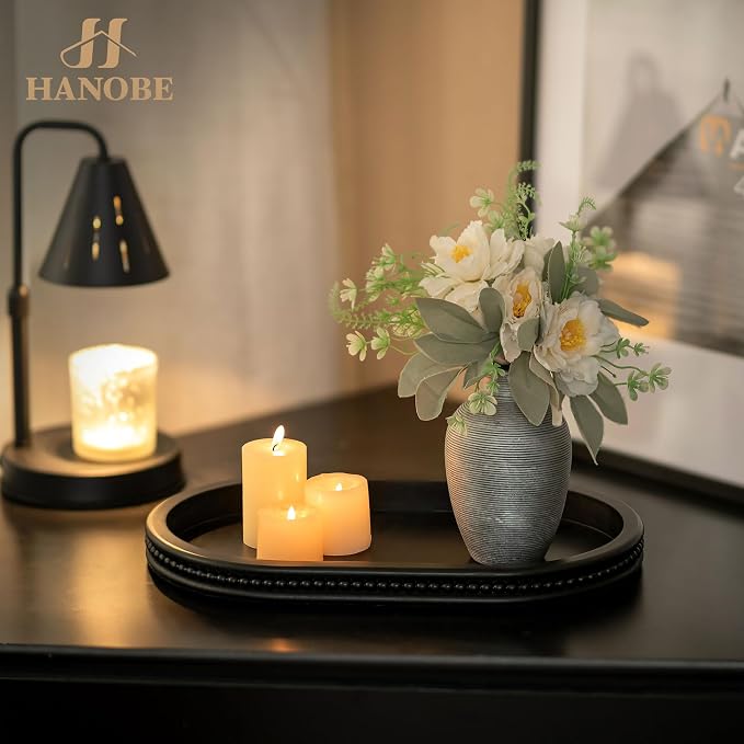 Hanobe Black Decorative Trays for Living Room Coffee Table, Beaded Edge | 15" Oval Wood Farmhouse Table Centerpiece for Kitchen Dining Entryway