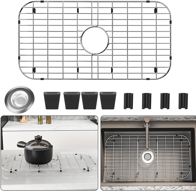 Sink Protectors for Kitchen Sink 28" x 15" with Sink Strainer | Rust Resistant Stainless Steel Kitchen Sink Grid and Sink Protectors, Sink Rack for Bottom of Sink with Sink Strainers