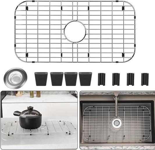Sink Protectors for Kitchen Sink 28" x 15" with Sink Strainer | Rust Resistant Stainless Steel Kitchen Sink Grid and Sink Protectors, Sink Rack for Bottom of Sink with Sink Strainers