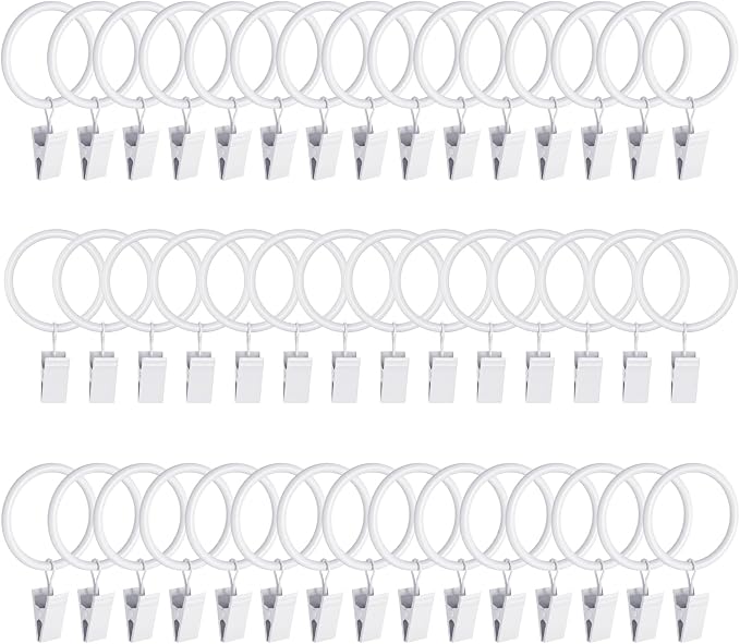 Lansian 44 Pack Curtain Rings with Clips Hooks 1.26 in Diameter Rustproof | Metal Stainless Steel Drapery Rings for Tension Rod Bracket Eyelets Decorative Hanger, Fits 1 in Rods, White