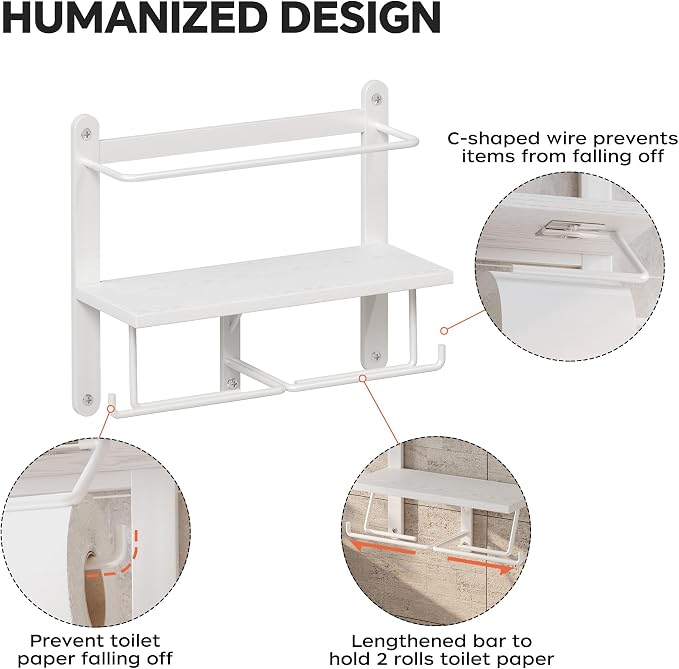 Homeiju Double Toilet Paper Holder with Shelf, Wooden Wall-Mounted Toilet Paper Roll Holder, Wall-Mounted Bathroom Organizer, Double Roll, Suitable for Bathrooms(White)