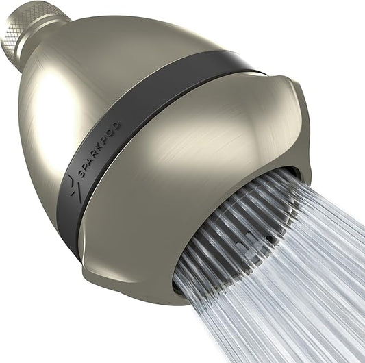 SparkPod High Pressure Shower Head, 3 Inch Fixed Showerhead, Brushed Nickel | Rain, Pulsating & Combo Modes, Helps Boosts Low Water Pressure, Anti-Clog Nozzles, Easy Install