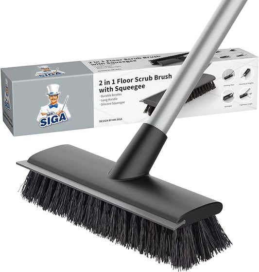 MR.SIGA Floor Scrub Brush with Long Handle for Cleaning Cleaning Bathroom | Shower floor scrubber, 2 in 1 scrubber and squeegee for cleaning patio, garage, wall, tile with stiff Bristles