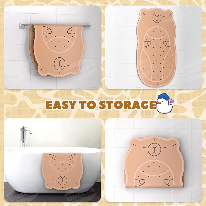 UNEEDE Kids Bathtub Mat Non Slip, Soft Rubber Shower Mat for Toddler | Machine Washable Bath Mat with 100+ suction cups and 50+ Drainage Holes, 30"x18" Cute Capybara Design, Baby Bath Essentials