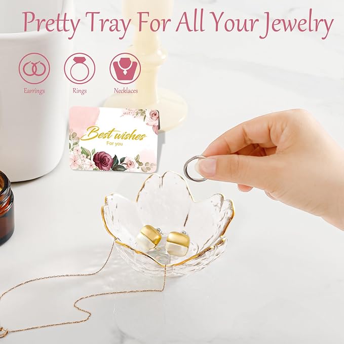 Birthday Gifts for Women Jewelry Dish Glass Ring Dish Holder Jewelry Tray Cute Vanity Organizer Room Decor Jewellery Tray Crystals Trinket Dish Nightstand Bedroom Decor Christmas Friendship Gifts