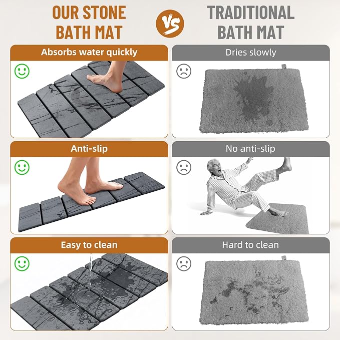 Luxspire Stone Bath Mat, Stone Shower mat Foldable 24x16, Marble Gray | Quick & fast drying diatomaceous earth, Non-slip rubber base, Easy-clean surface for bathroom floor & outside shower