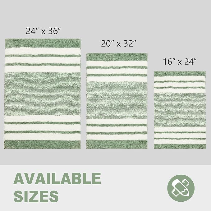 CozeCube Sage Green Striped 36"x24" Non Slip Washable Bath Mat | For Bathroom, Fluffy Absorbent Microfiber Bath Mats Machine Wash, Stylish Large Aesthetic Bathroom Rugs