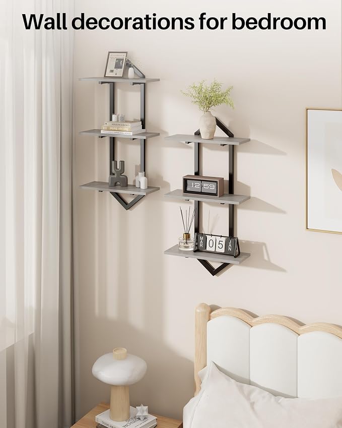 3 Tier Floating Wall Shelves, Set of 2 Decorative Wooden Shelf | Modern Geometric Hanging Storage Shelves for Living Room, Bedroom, Kitchen and Office, Perfect for Books, Plants and Decor