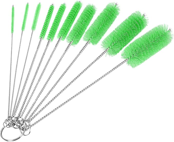 CiaraQ Bottle Cleaning Brushes, 8 Inch Nylon Tube Brush Set | Green Cleaner for Narrow Neck Bottles Cups with Hook, Set of 10pcs.