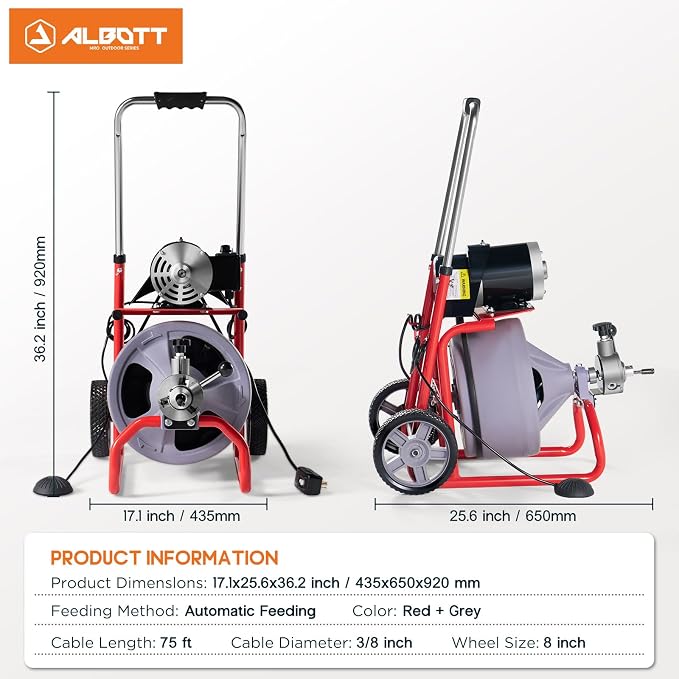Albott 75 FT x 3/8 Inch Electric Drain Cleaner Machine | Auto-Feed Sewer Snake Auger for 1-4 Inch Pipes, with 9 Cutters, Wheels and Foot Switch, Gray/Red