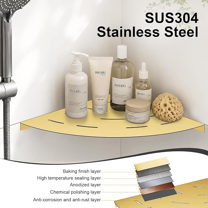 soaez Brushed Gold Corner Shower Shelf, SUS304 Stainless Steel Bathroom Shower Shelves Prevent Rust Drilling Installation (8", 2Pack)