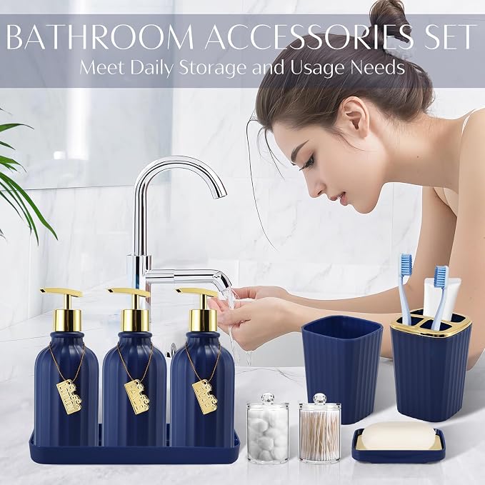 17PCS Bathroom Accessories Set, Navy Blue Bathroom Set Bathroom Accessories Set with Trash Can, Toilet Brush, Toothbrush Holder, Qtip Holder & 3PCS Soap Dispenser