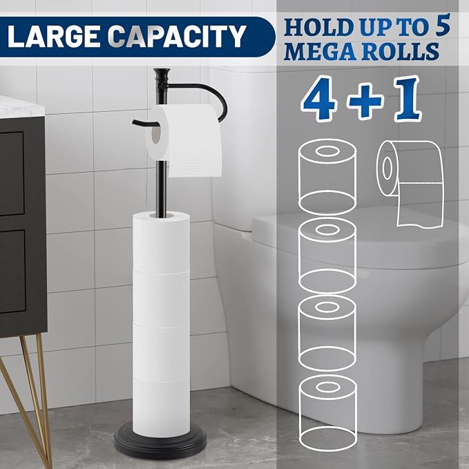 Toilet Paper Holder Free Standing,Sturdy Metal Toilet Paper Holders Stand | Stable & Rustproof Toilet Paper Stand with Heavy Base,Large Rolls Capacity Free Standing Toilet Paper Holder for Bathroom