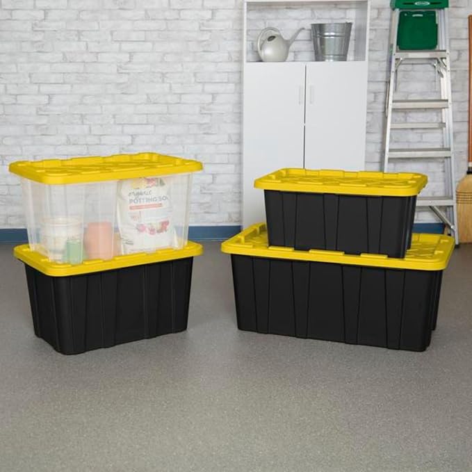 Sterilite Industrial Storage Tote with Lids for Garage, 27 Gallon, 16-Pack | Heavy-Duty and Stackable Utility Box Containers for Home, Office, and Basement Organization, Black/Yellow