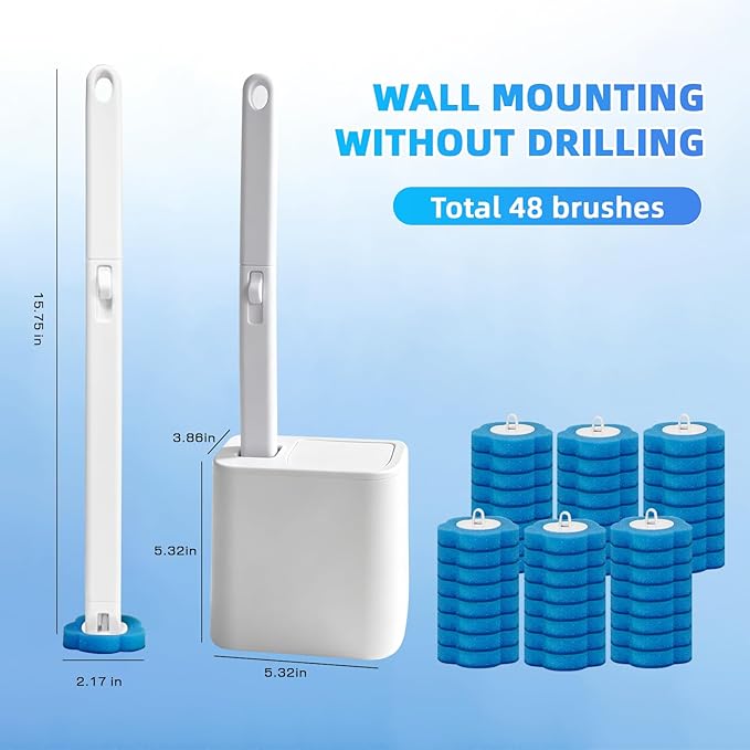 Disposable Toilet Brush with 48 Refills,Toilet Bowl Cleaner,Toilet Cleaning Supplies,Toilet Bowl Brush,Automatic lid-Opening and Closing Toilet Brush with Holder for Bathroom Deep Cleaning & Hygiene